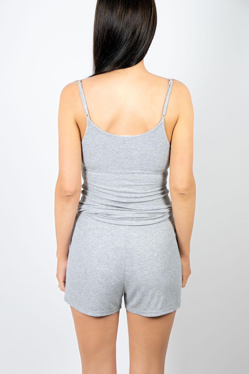 Back view of Ribbed Shorts in Silver showing relaxed fit and soft bamboo fabric, with matching camisole with shelf bra