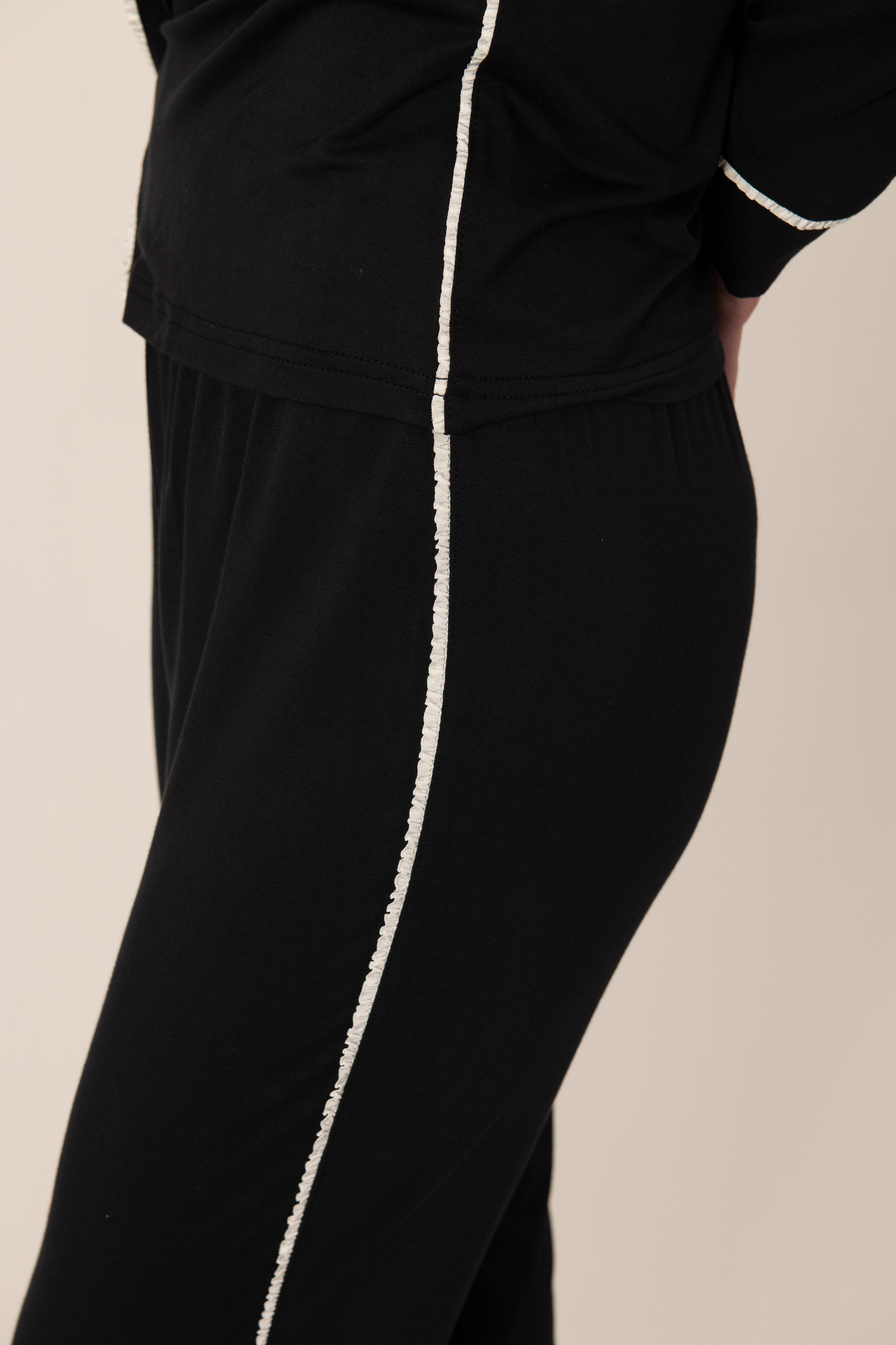 Essential soft lux trim long pajama set in black
